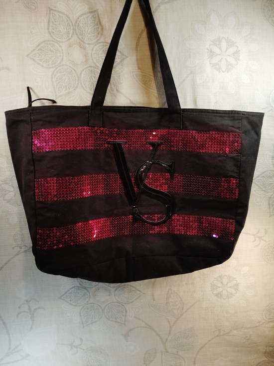 Victoria's Secret Handbags - Victoria's Secret Black Tote with Pink Sequin Stripes